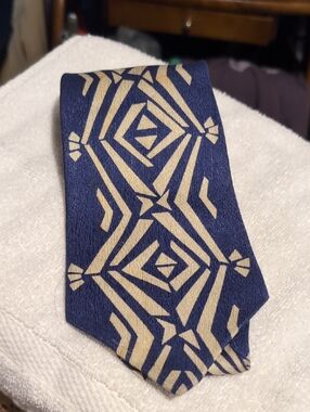 Men's Modules Japanese  Navy Geometric Pattern Tie in Beige